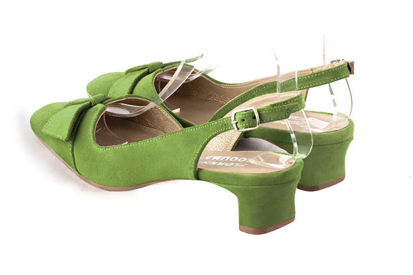 Grass green women's slingback shoes. Square toe. Low kitten heels. Rear view - Florence KOOIJMAN
